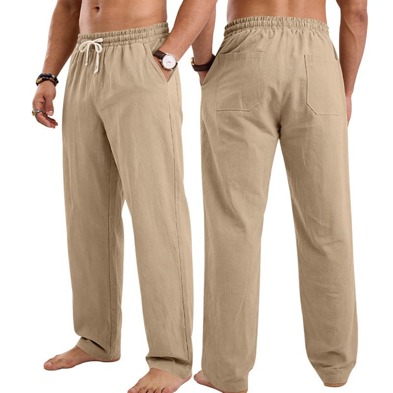 Men's Heavyweight Linen Crease Washed Casual Trousers Straight Leg Summer Vacation Beach Clothing_viptrois.com