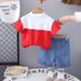 2025 New Summer Children's Men's Color Contrasting Bear Short Sleeve Cartoon Round Neck Top Shorts Two Piece Set_viptrois.com