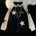 American Retro Corduroy Zipper Sweater Women's Y2k Star Splicing Casual Jacket Loose Versatile Top_viptrois.com