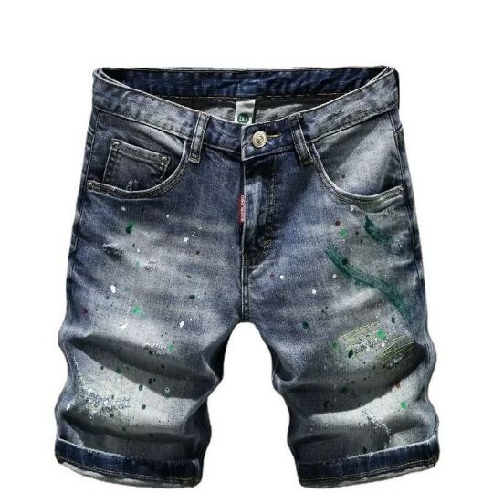 Ink Splash Hole Denim Shorts Men's Trendy Brand Slim Fit Skinny Summer Thin Five Point Mid Length Pants_viptrois.com