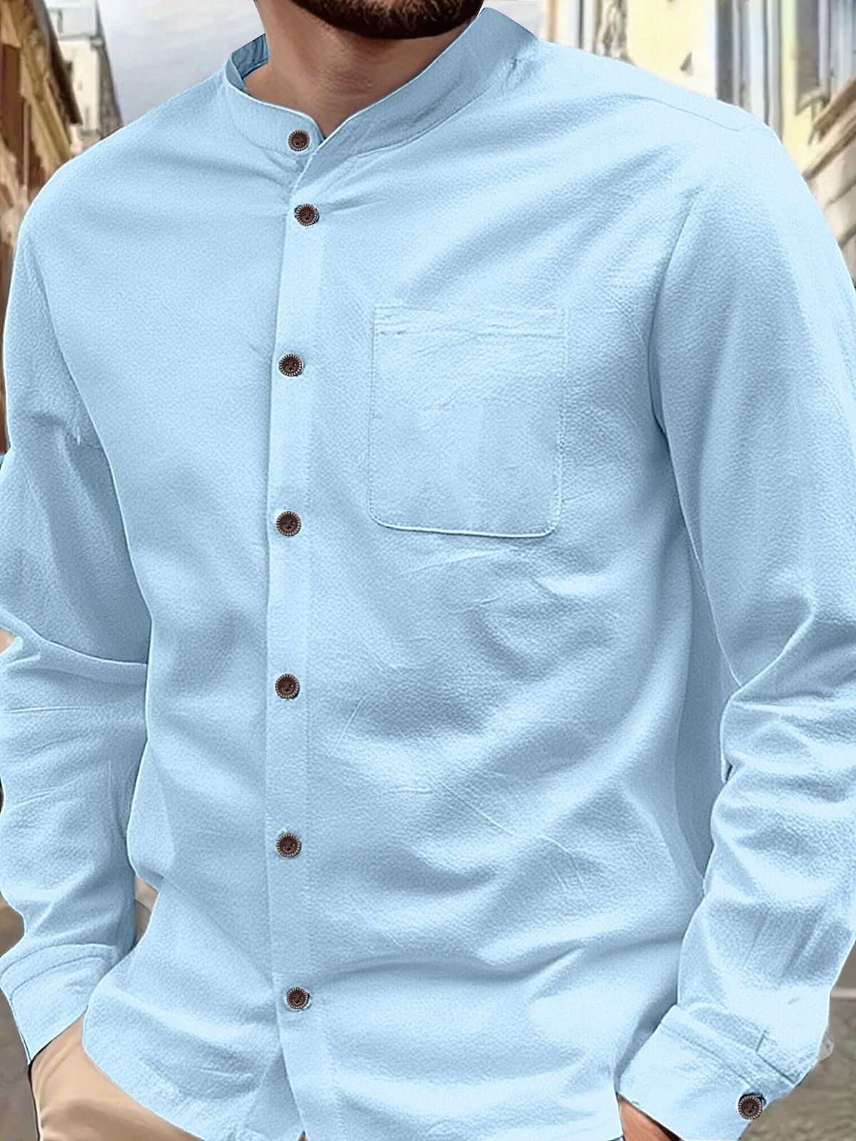 Men's Hawaiian Style Stand Up Collar Breathable Linen Henry Collar Casual Long Sleeved Shirt_viptrois.com