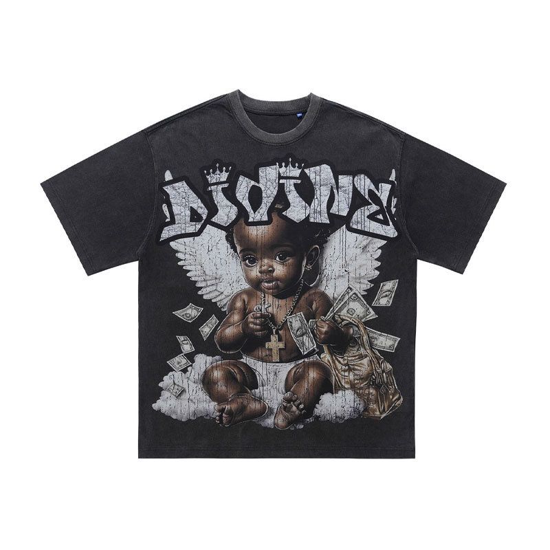 Washed Big Angel Child Print Street Style Loose Men's Short Sleeve T-Shirt 300g_viptrois.com