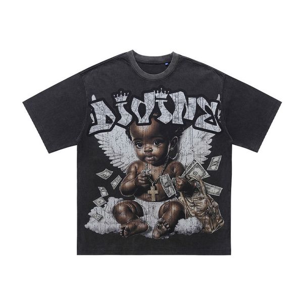 Washed Big Angel Child Print Street Style Loose Men's Short Sleeve T-Shirt 300g_viptrois.com