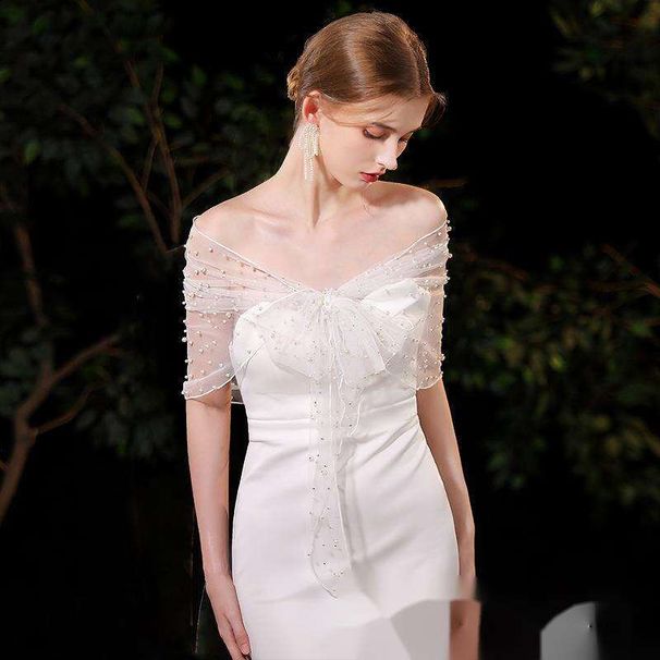 White Bride Dress, Wedding Shawl, Short Pearl Lace Pullover, Camisole Shoulder, One Shoulder Design_viptrois.com