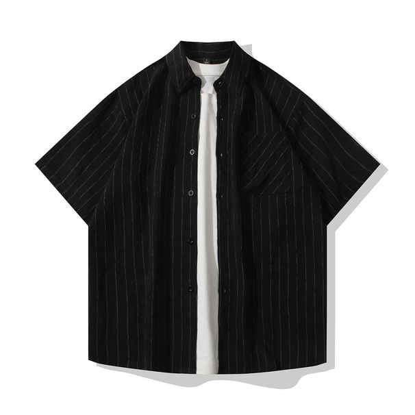 Men's Clothing Linen Thin Short Sleeved Shirt Japanese Simple Retro Loose Casual Shirt_viptrois.com
