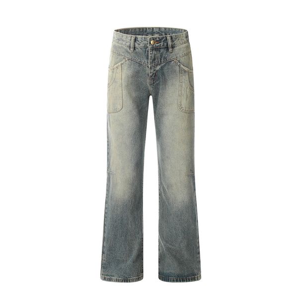 Washed Denim Long Men's American Style Loose Casual Distressed Straight Pocket Design Wide Leg Floor-Length Pants Street_viptrois.com