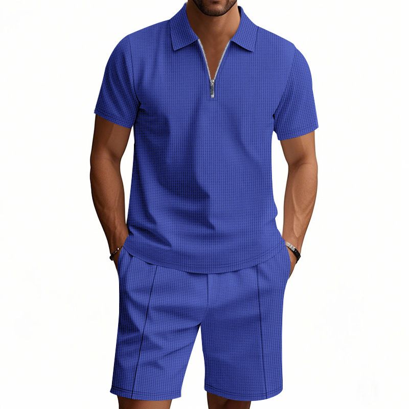 Men's Clothing Simple Casual Loose Zipper Short Sleeved Shirt Beach Shorts Suit_viptrois.com