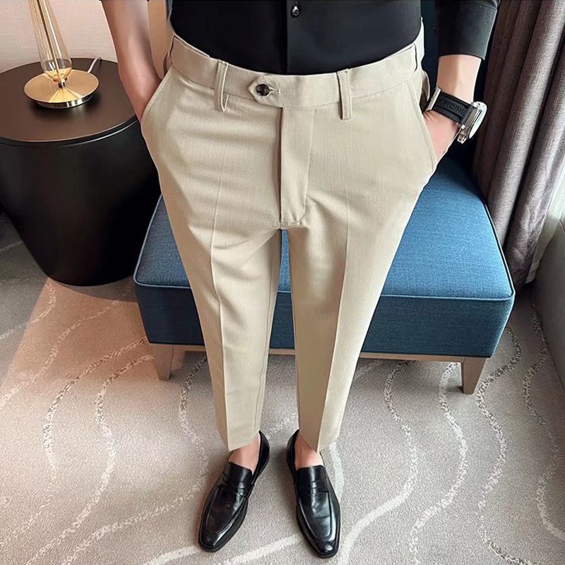 Summer Men's Dress Trousers Straight Leg Flowy Fit Elastic Sides 9/10 Cropped British Style_viptrois.com