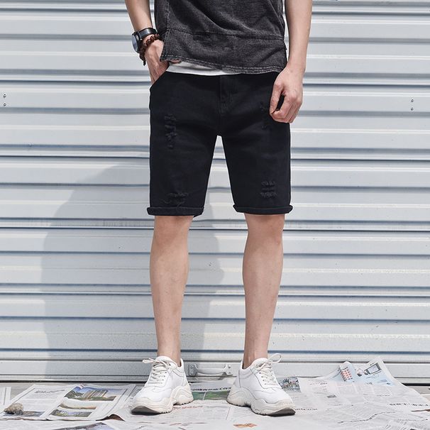 Men's Clothing Fashion Solid Color Denim Shorts Men's Casual Ripped Pants Washed Beach Pants Brushed Shorts Men_viptrois.com
