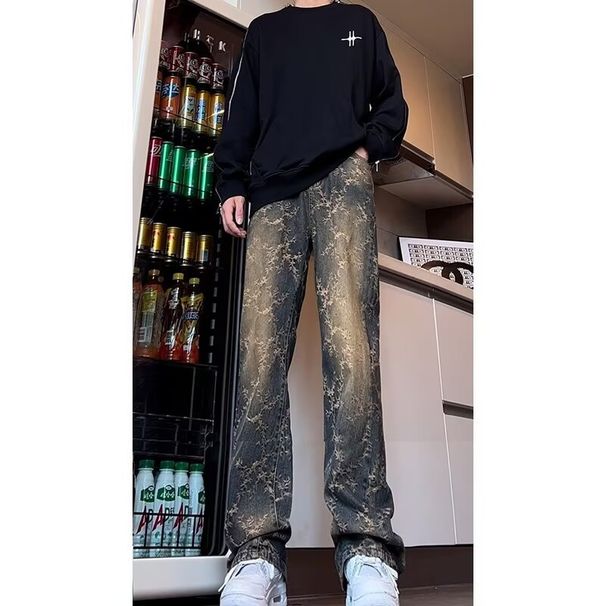 Men's Clothing High Street Thorn Jacquard Jeans Men's Retro Versatile Washed Flared Pants Straight Trousers_viptrois.com