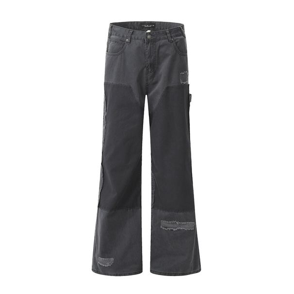 Punk Washed Loose Denim Flared Men's Vibe Trend Hip-Hop Patchwork Frayed Edge Patched Ripped Wide-Leg Pants_viptrois.com