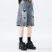 Men's Distressed Denim Shorts, Lightweight Ripped Knee-Length Cargo Shorts With Multiple Pockets, Loose Fit Streetwear Hip Hop Style Summer Shorts_viptrois.com