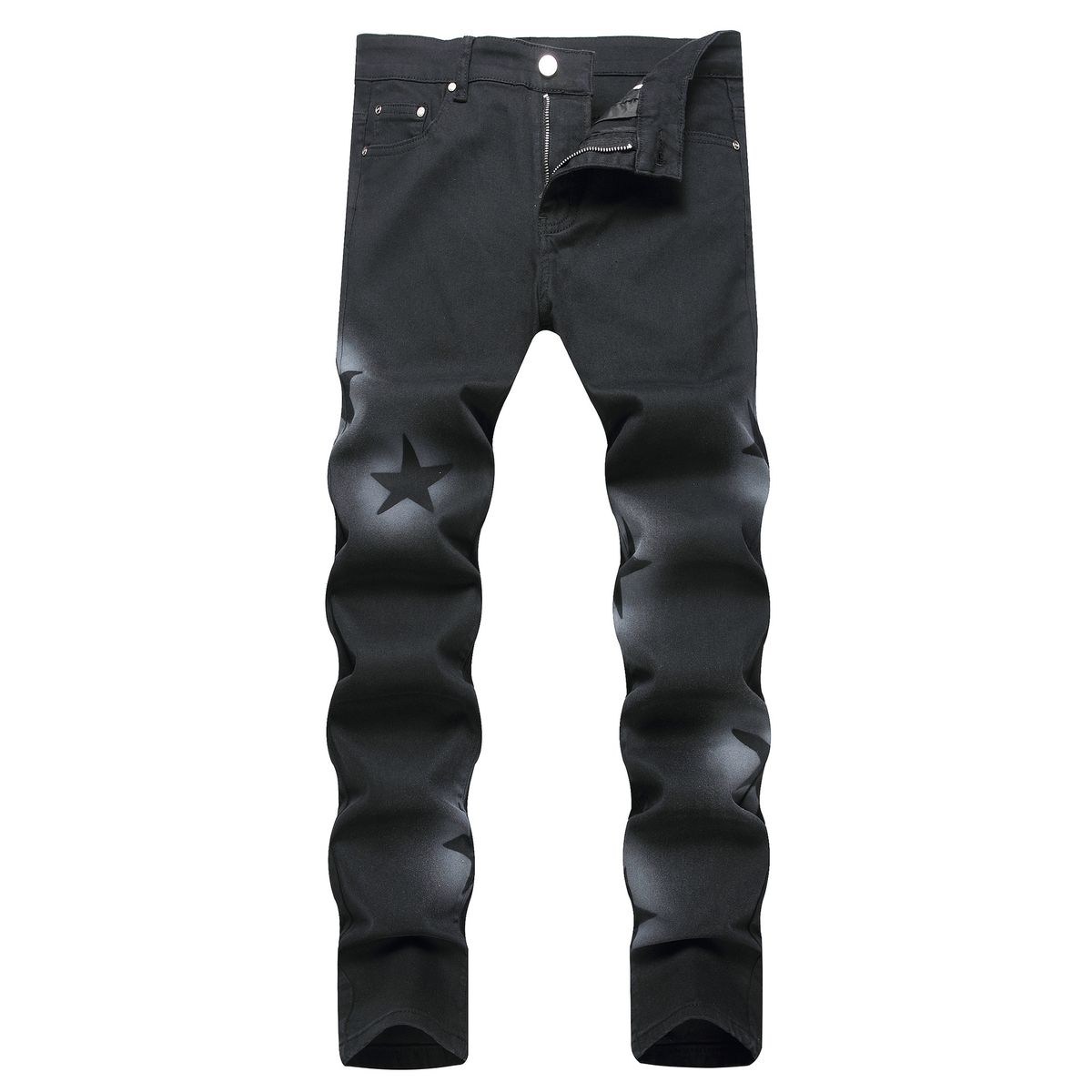 Men's Spot personalized hand-painted gun spray five-pointed star color stretch black small straight mid-waist jeans for men_viptrois.com