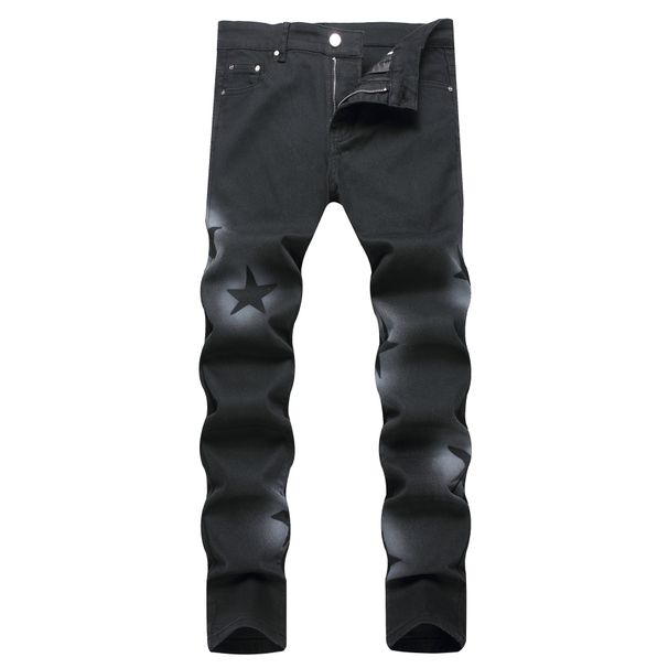 Men's Spot personalized hand-painted gun spray five-pointed star color stretch black small straight mid-waist jeans for men_viptrois.com