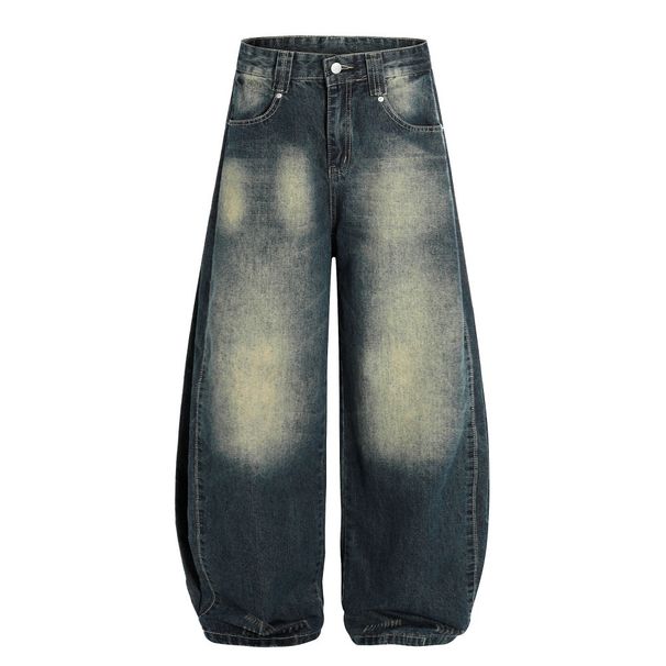 Spray-Dyed Color-Block Washed Denim Scimitar Men's High Street Vintage Loose Banana Silhouette Sickle Pants Trendy_viptrois.com