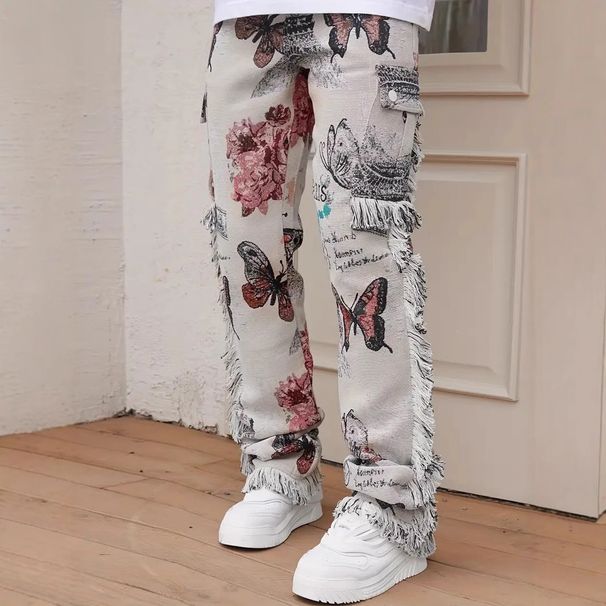 2025 New Style Animal Digital Print Men Slim Fit Floral Pants Fashion Straight Casual Denim Trousers_viptrois.com