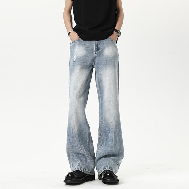High Street Washed Lightning Pattern Blue Curved Hem Jeans For Men, Spring And Autumn American Style Long Pants, Trendy_viptrois.com