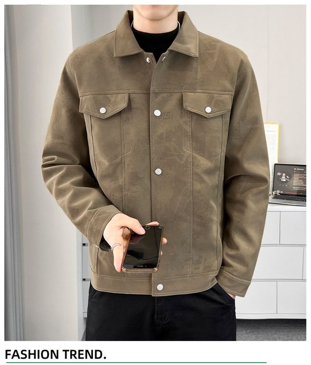 Men's Suede-Finish PU Leather Jacket – Slim Fit Vintage Biker Coat With Retro Zipper Details (M-XXXXL, Black/Tan)_viptrois.com