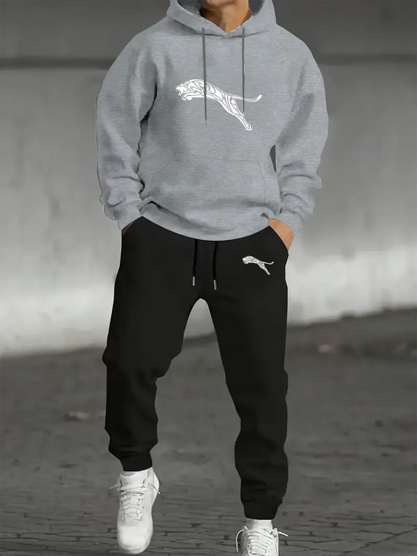 Autumn And Winter 2-piece Set Men's Long Sleeved Round Neck Black Top Loose Casual Hoodie Hooded_viptrois.com