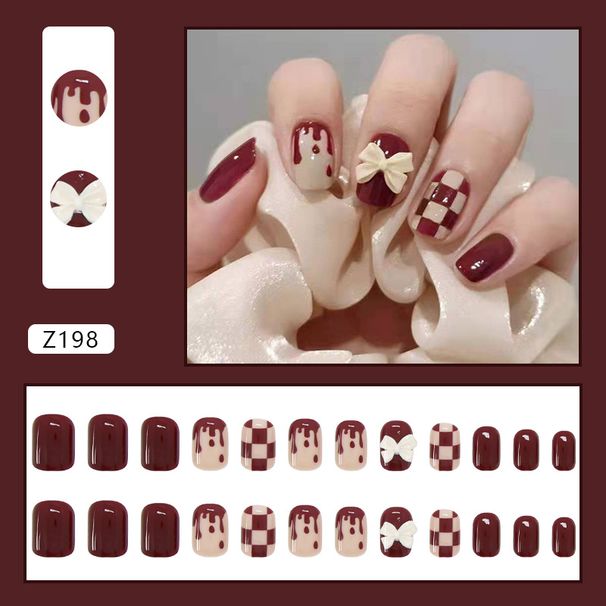 Wearable Nail Sticker Wearing Armor Red Bow Cyber Celebrity Checkerboard Nail New Year Nail Art Finished Nail Piece_viptrois.com