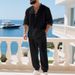 Autumn American Loose Linen Casual Trend Hawaiian Home Commuting Henry Shirt Long Sleeved Trousers Suit_viptrois.com