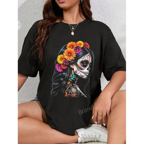 Camiseta Algodón Muertos La Catrina Día Los Muertos Calavera De Azúcar Para Mujeres_viptrois.com