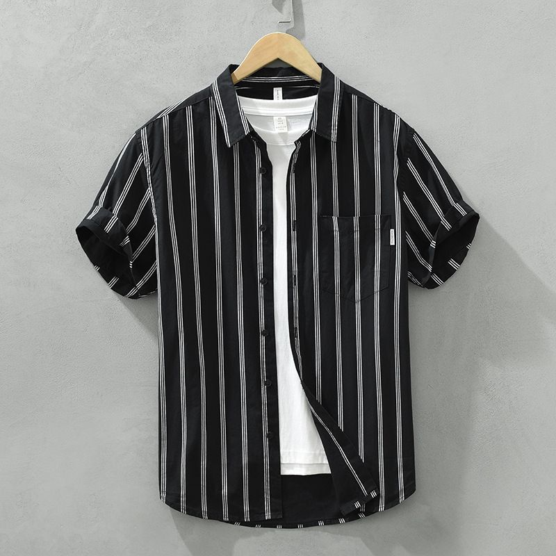 Men's Clothing Short Sleeved Shirt Men's Hong Kong Style Loose Literary Trend All Match Casual Short Sleeved Shirt One Piece Drop Shipping_viptrois.com