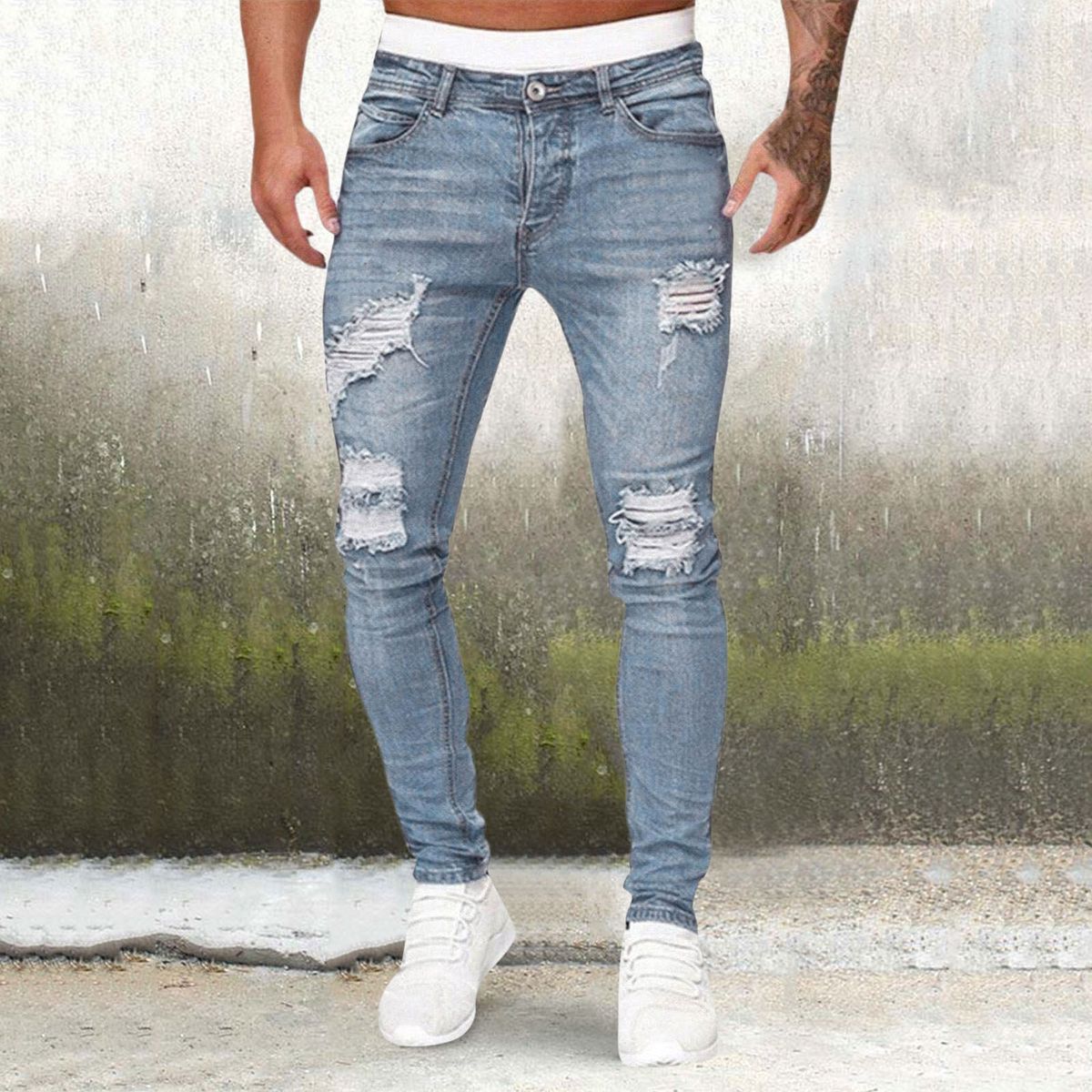 Men's Clothing European And American Men's Pants, Ripped White, Slim Fit, Denim Pants, Fashion, Small Leg Pants, Men's Hot Style_viptrois.com