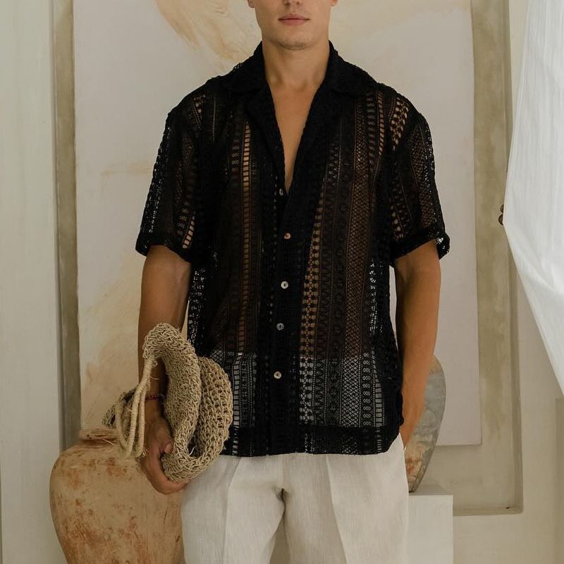 Men's Clothing European And American Casual Hollow Loose Lace Shirt Men's Shirt Cross Border Summer Cuban Style Trend Short Sleeve Wholesale_viptrois.com