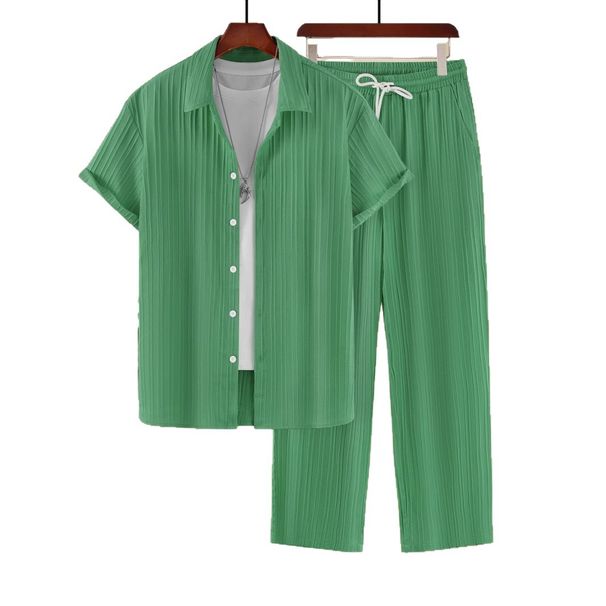 Men's Casual Short Sleeve Shirt Set, Striped Button-Down Shirt With Collar, Trendy Green Outfit For Street Style_viptrois.com