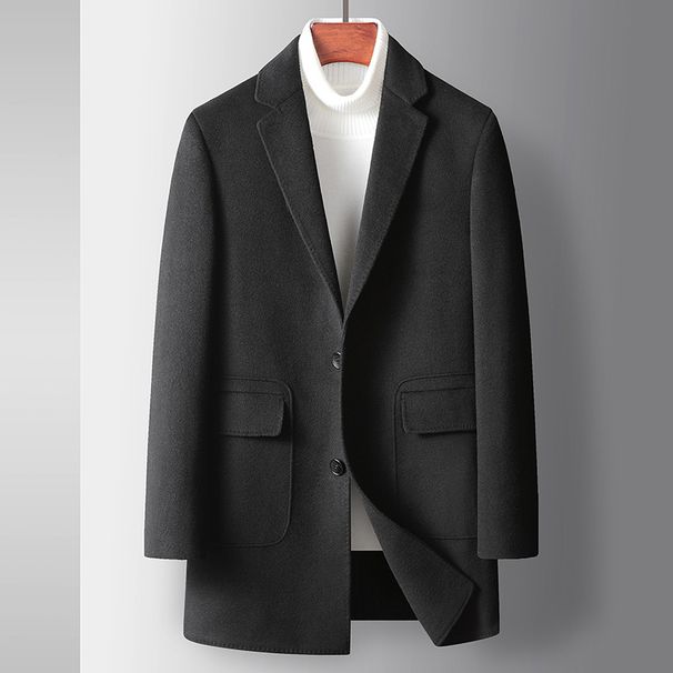 Men's Clothing double faced wool windbreaker youth mid length business casual thickened black coat_viptrois.com