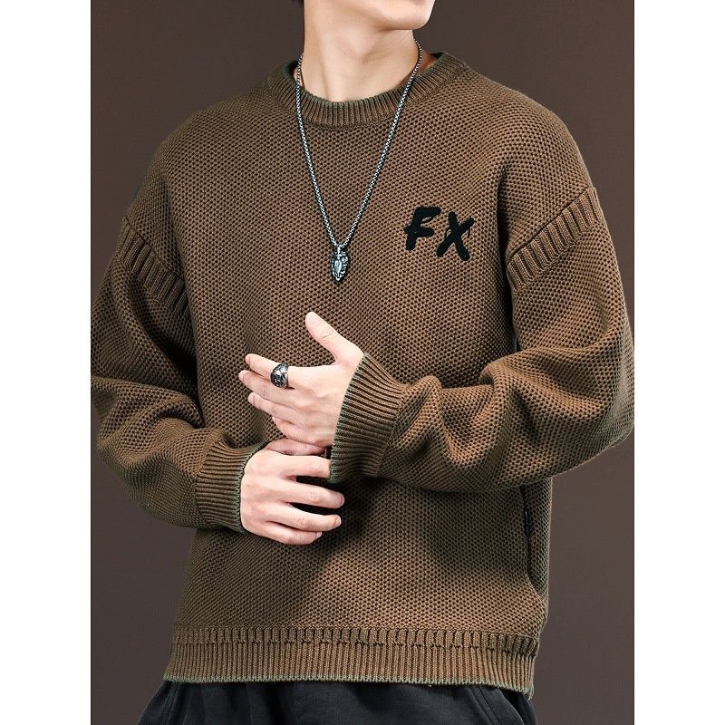 Loom Italian American Retro Heavyweight Crew Neck Knitted Men's Autumn Winter New Loose Lazy Pullover Sweater_viptrois.com