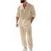 Autumn American Loose Linen Casual Trend Hawaiian Home Commuting Henry Shirt Long Sleeved Trousers Suit_viptrois.com