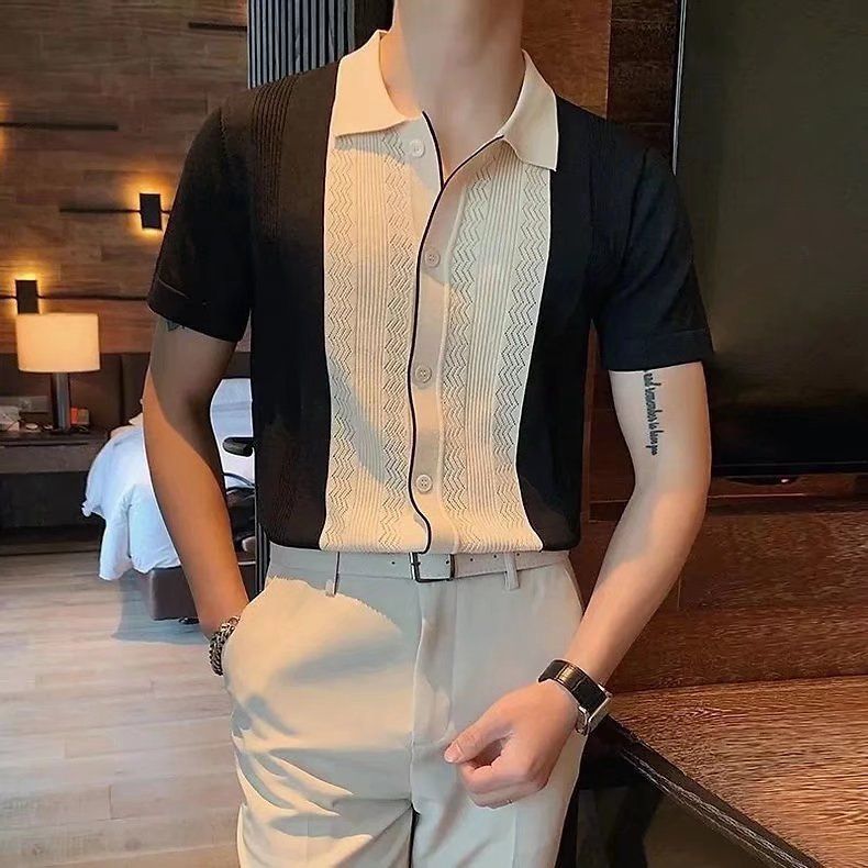 Men's Clothing Summer Short Sleeved T Shirt Knitted Lapel Shirt Trendy Personality Fashion Half Sleeved Bottoming Shirt Top_viptrois.com