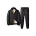 Men's Winter Fleece Lined Jacket Set With Stand Collar, 3-Piece Thickened Thermal Coat Outfit For Casual Wear (Black/Gray)_viptrois.com