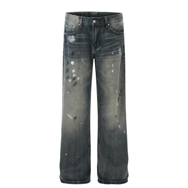 American Style Ink Splash Print Jeans For Men Street Fashion Hip Hop Washed Trend Loose Straight Wide Leg Long Pants_viptrois.com