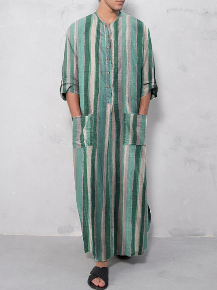 Muslim Robe New Style Men's Loose Door Stripe Long Sleeve Ready-Stock Ethnic Style Bodysuit_viptrois.com