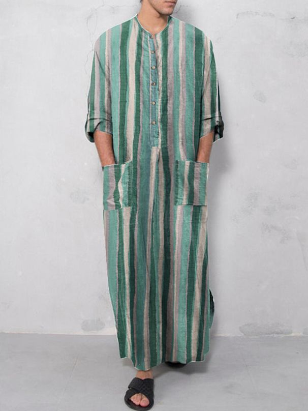 Muslim Robe New Style Men's Loose Door Stripe Long Sleeve Ready-Stock Ethnic Style Bodysuit_viptrois.com