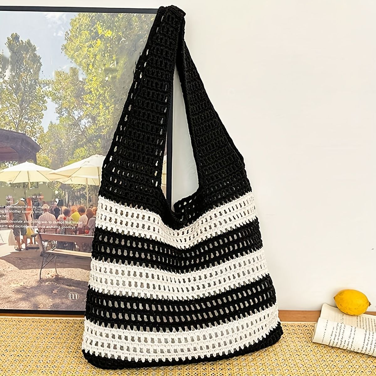 Women's Shoulder Bags A Color-blocking Jacquard Tote Bag, A Simple And Fashionable Knitted Handbag For Women_viptrois.com