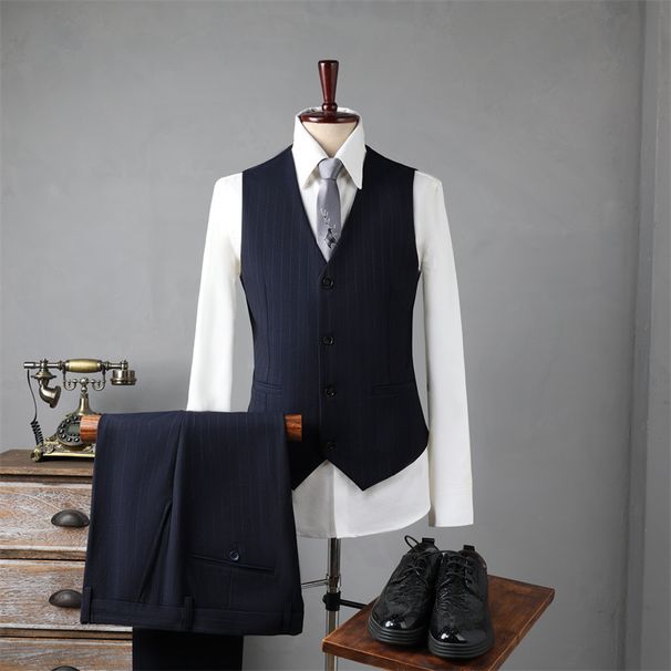 Men's Clothing Double-Breasted Striped Suit Set - Slim Fit Wedding, Business & Interview Formal Suit With Vest Options (Navy/Black/Smoke Grey)_viptrois.com