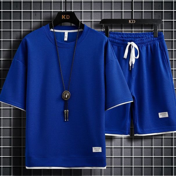 Men's Clothing Waffle Sports Casual Suits For Men Hong Kong Style Loose Two Piece Short Sleeved Shorts_viptrois.com