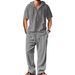Men's Linen Hooded Short Sleeved Shirt And Trousers Casual Sportswear Set Black Khaki White Gray_viptrois.com