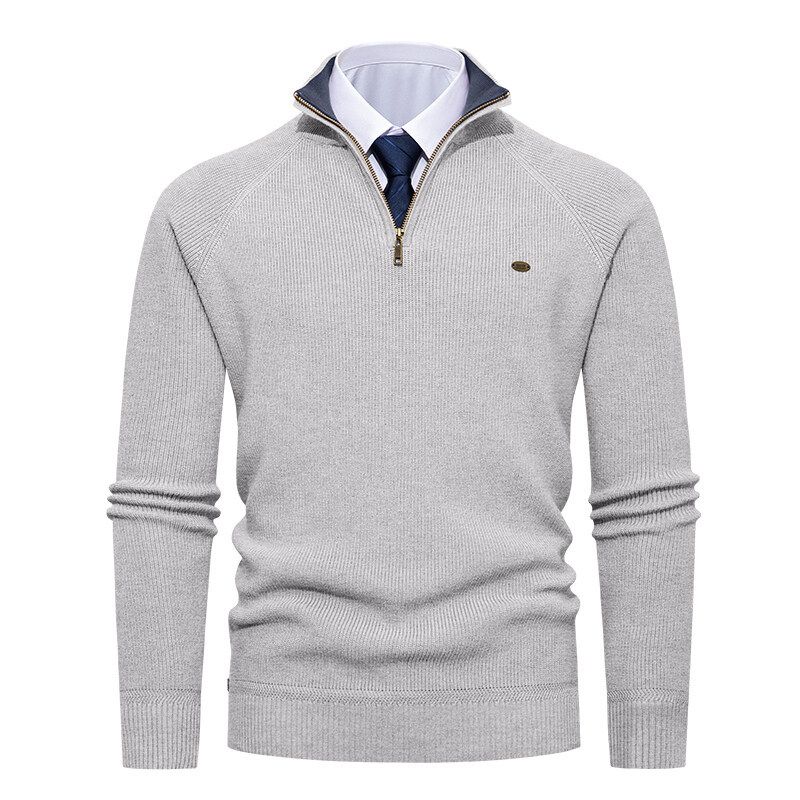 Men's Ribbed Knit Sweater – Semi-Zip Stand Collar Pullover (Thickened Polyester Blend, Slim Fit, Winter Streetwear Essential)_viptrois.com