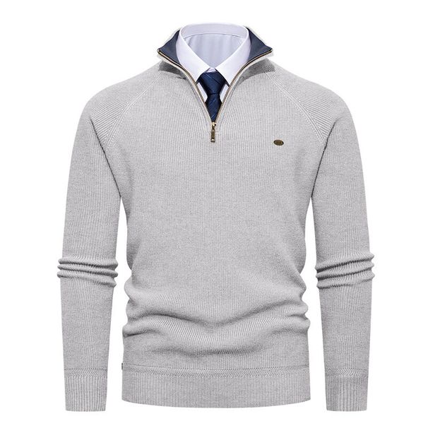 Men's Ribbed Knit Sweater – Semi-Zip Stand Collar Pullover (Thickened Polyester Blend, Slim Fit, Winter Streetwear Essential)_viptrois.com