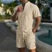 Men's Summer Shirt Set High Quality Button Decorated Shorts Stand Up Collar Solid Color Style_viptrois.com