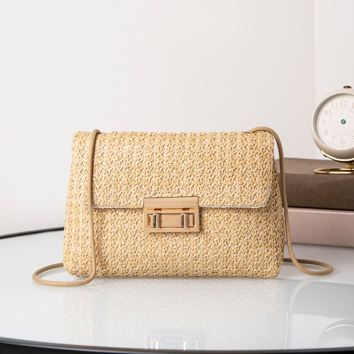 Sweet Style Straw Woven Shoulder Bag - Double Lock Crossbody Purse For Women, Fashionable & Versatile Summer Handbag_viptrois.com