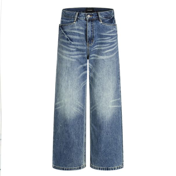 Washed Wave White Straight-Leg Jeans Punk Street Style Personality Pocket Loose Wide-Leg Pants For Men_viptrois.com