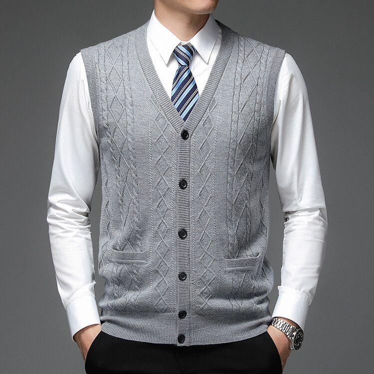 Men's Wool Blend Sleeveless Cardigan Vest Slim Fit Single-Breasted Knit Sweater For Casual Business Wear (Light Gray, Wine Red, Navy, Dark Gray)_viptrois.com