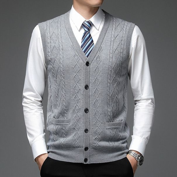 Men's Wool Blend Sleeveless Cardigan Vest Slim Fit Single-Breasted Knit Sweater For Casual Business Wear (Light Gray, Wine Red, Navy, Dark Gray)_viptrois.com