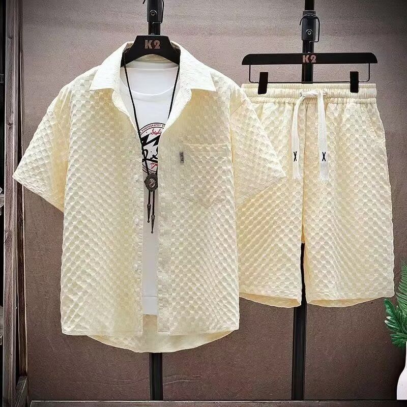 Men's Clothing Summer Solid Color New Suit Thin Sports Leisure Two Piece Suit Handsome Short Sleeved Shirt Shorts Set Trendy_viptrois.com